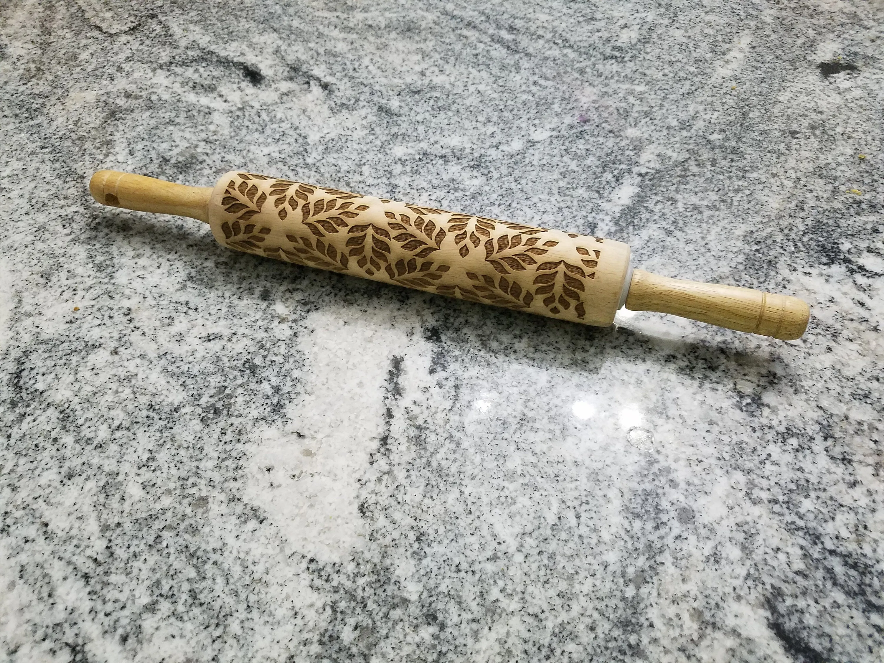 Leaf, Leaves, Floral Pattern, Geometric, 10 Inch Rolling Pin, Pie Crust, Texture, Embossed, Engraved, Wood, Cookie Stamp, Wooden, pottery