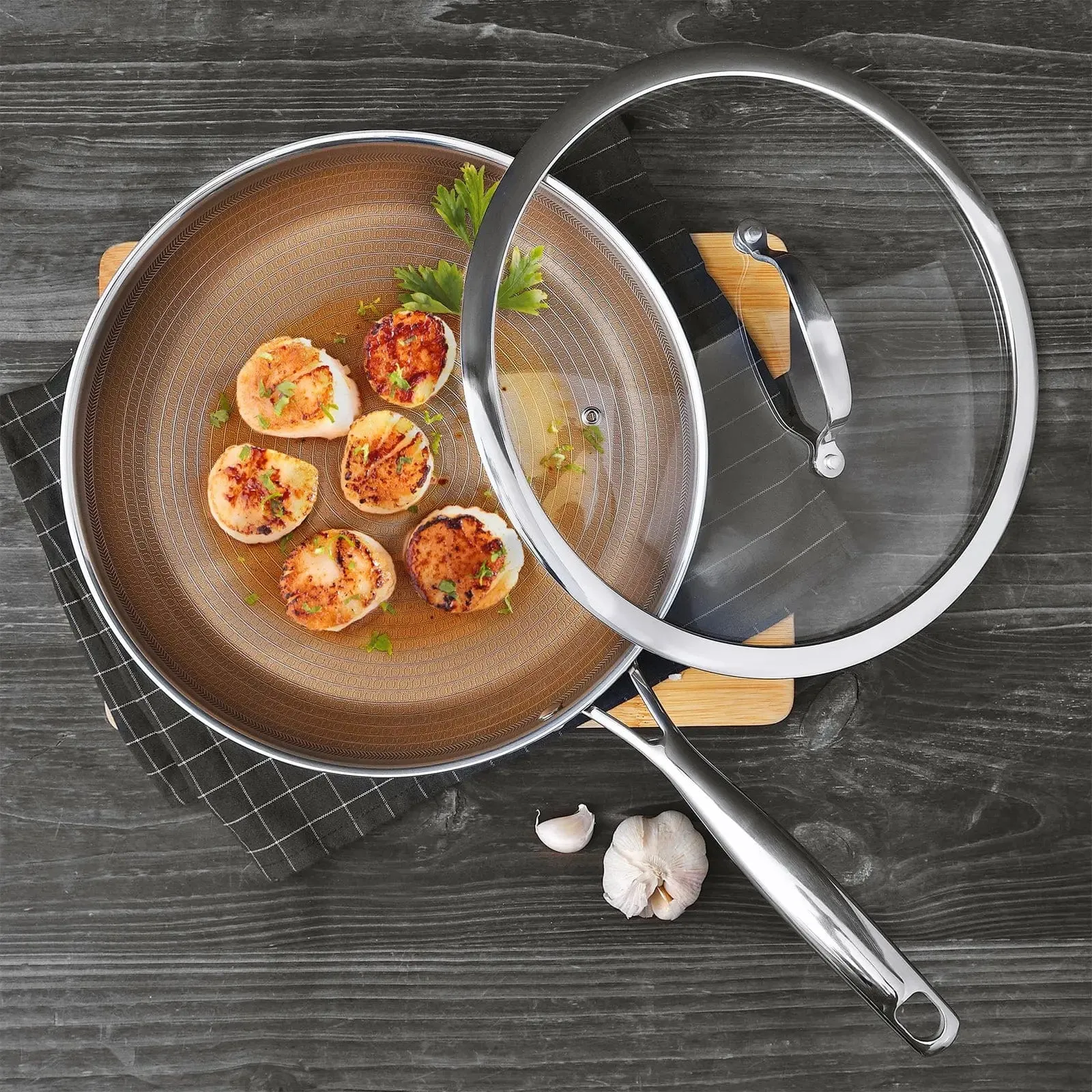 MasterPro Non-Stick Frying Pan Glass Lid Stainless Steel Gold 30cm