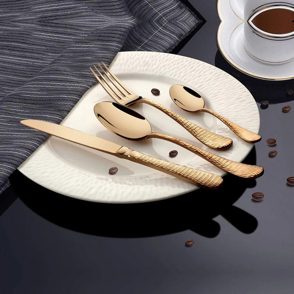 Stainless Steel 24 PCS Cutlery Set with Gold PVD Coating New Rosemary Hammered