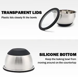 Stainless Steel Mixing Bowls Set Transparent Lids Silicone Bottom Set of 3