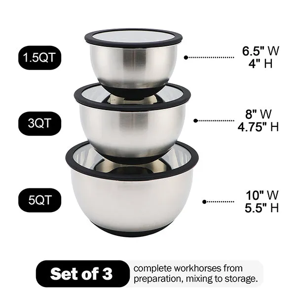Stainless Steel Mixing Bowls Set Transparent Lids Silicone Bottom Set of 3