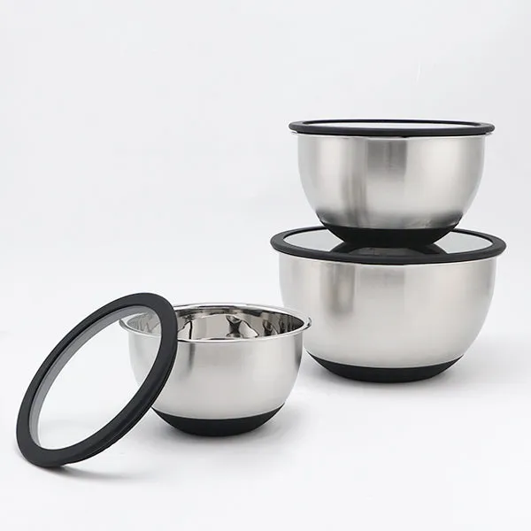Stainless Steel Mixing Bowls Set Transparent Lids Silicone Bottom Set of 3