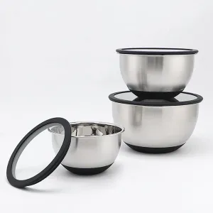 Stainless Steel Mixing Bowls Set Transparent Lids Silicone Bottom Set of 3
