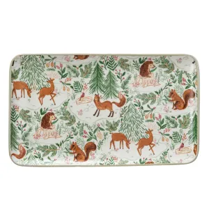 Stoneware Platter w/ Woodland Flora/Fauna Pattern, Multi Color