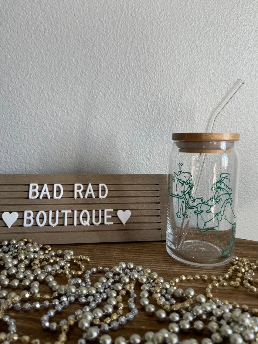 The Grinch and Max Iced Coffee Cup- Glass w/ bamboo lid   glass straw- Dark green