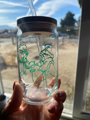 The Grinch and Max Iced Coffee Cup- Glass w/ bamboo lid   glass straw- Dark green