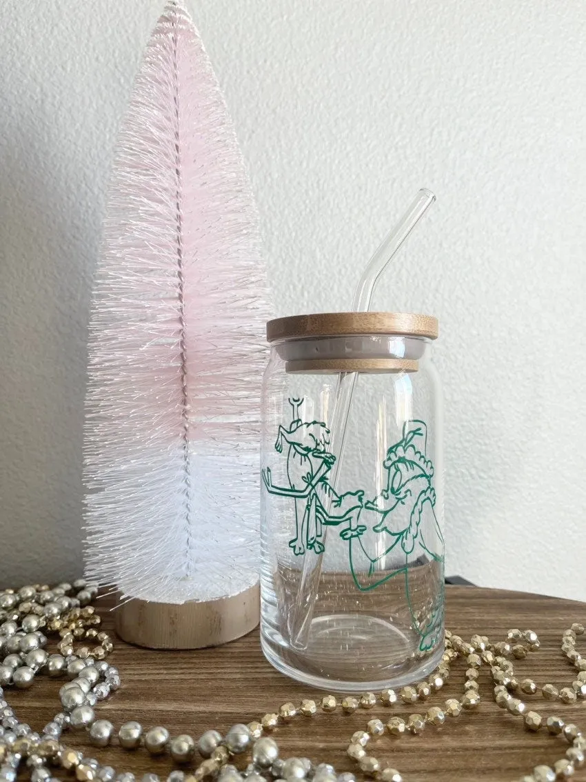 The Grinch and Max Iced Coffee Cup- Glass w/ bamboo lid   glass straw- Dark green