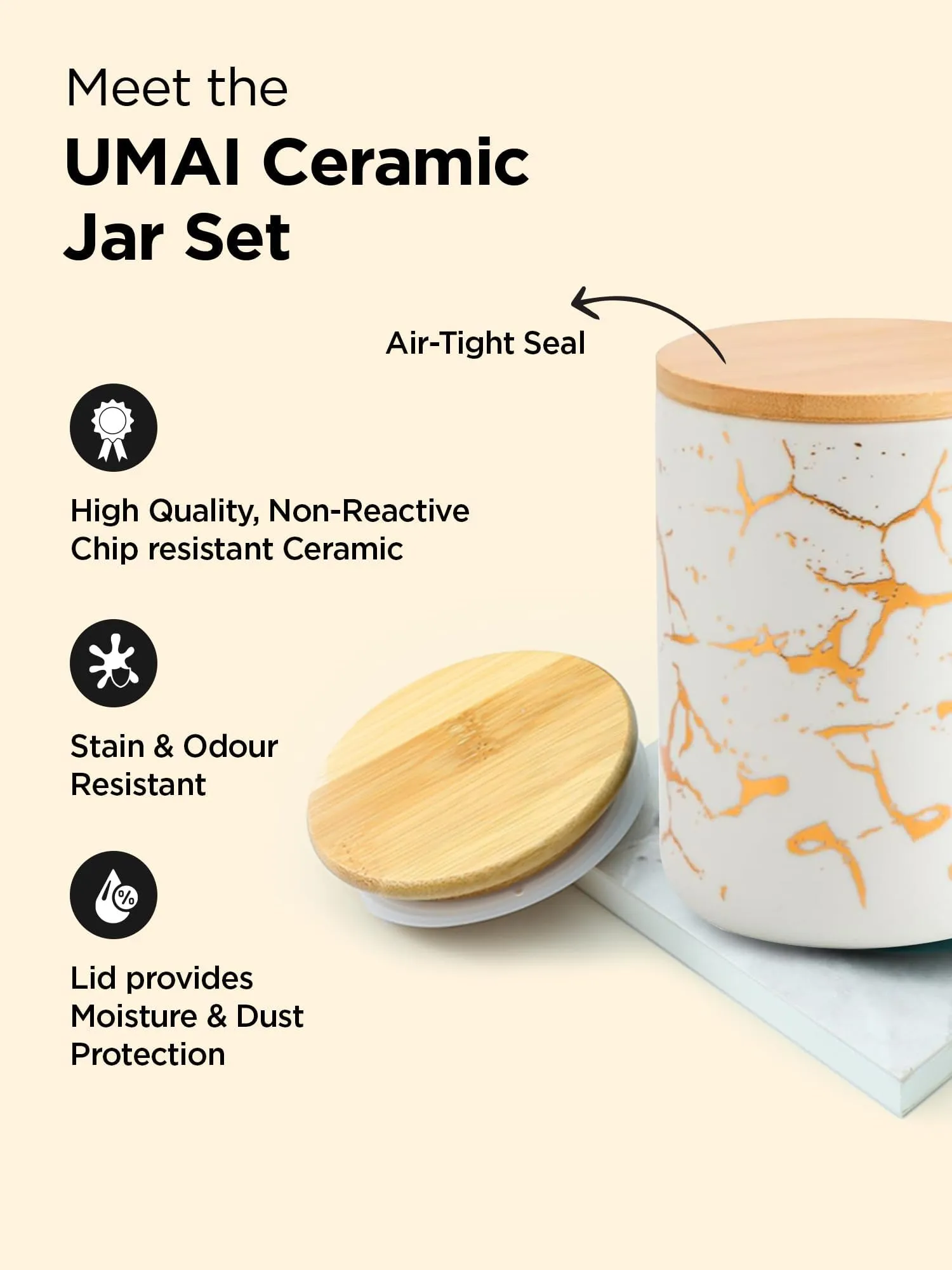 UMAI 1000ml Ceramic Jar for Kitchen Storage | Air Tight Container Set with Bamboo Lid | Kitchen Container for Snacks, Tea, Sugar | Multipurpose Organizer | White with print (Pack of 2)