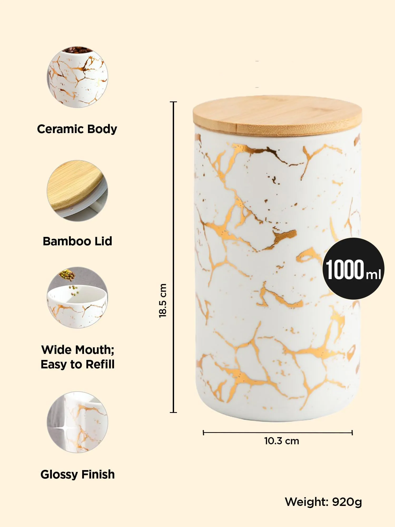 UMAI 1000ml Ceramic Jar for Kitchen Storage | Air Tight Container Set with Bamboo Lid | Kitchen Container for Snacks, Tea, Sugar | Multipurpose Organizer | White with print (Pack of 2)