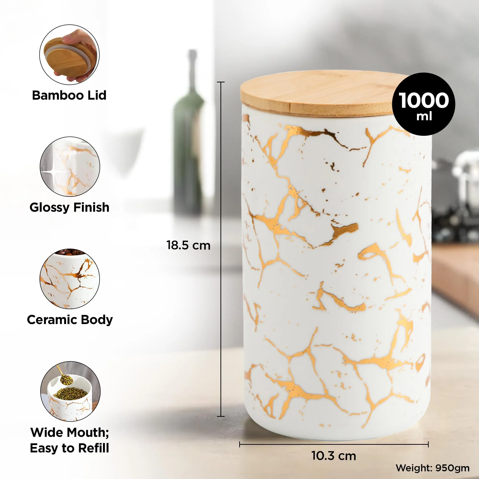 UMAI 1000ml Ceramic Jar for Kitchen Storage | Air Tight Container Set with Bamboo Lid | Kitchen Container for Snacks, Tea, Sugar | Multipurpose Organizer | White with print (Set of 1)
