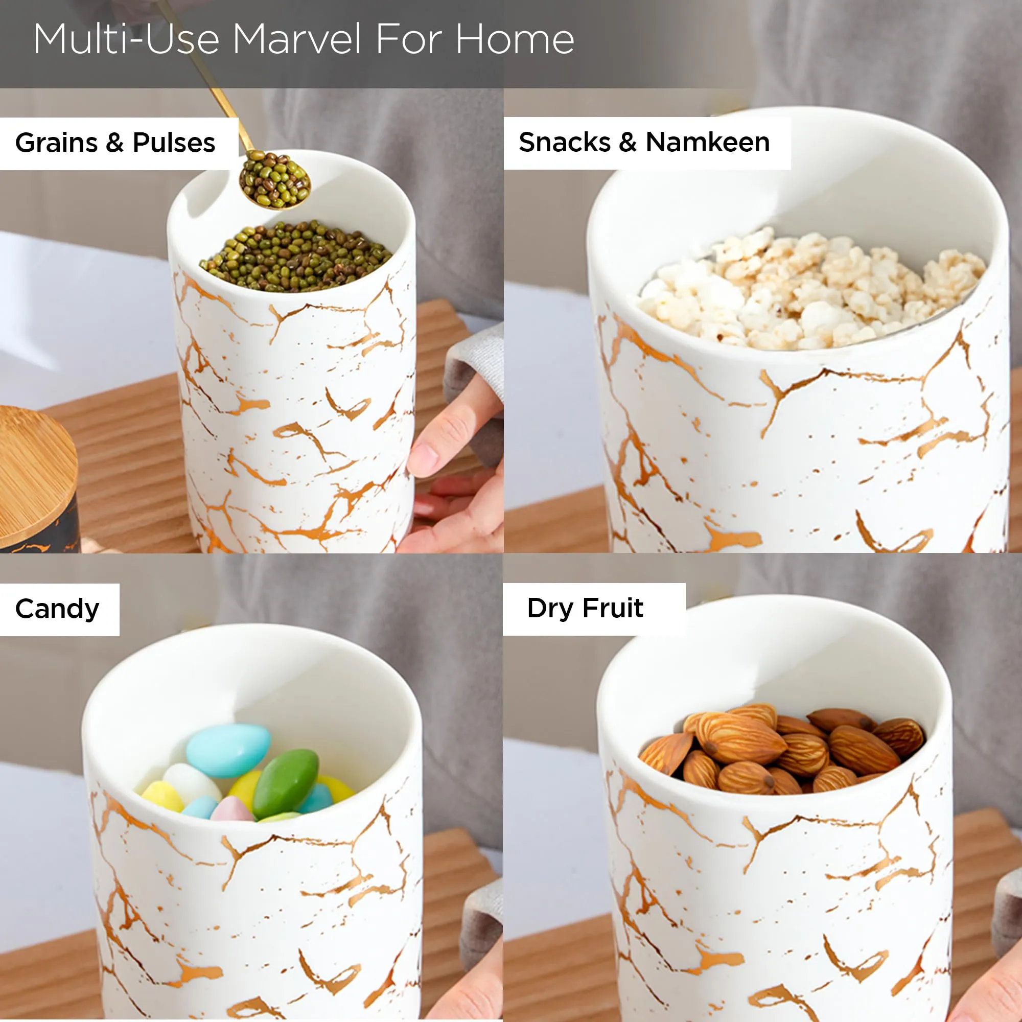 UMAI 1000ml Ceramic Jar for Kitchen Storage | Air Tight Container Set with Bamboo Lid | Kitchen Container for Snacks, Tea, Sugar | Multipurpose Organizer | White with print (Set of 1)