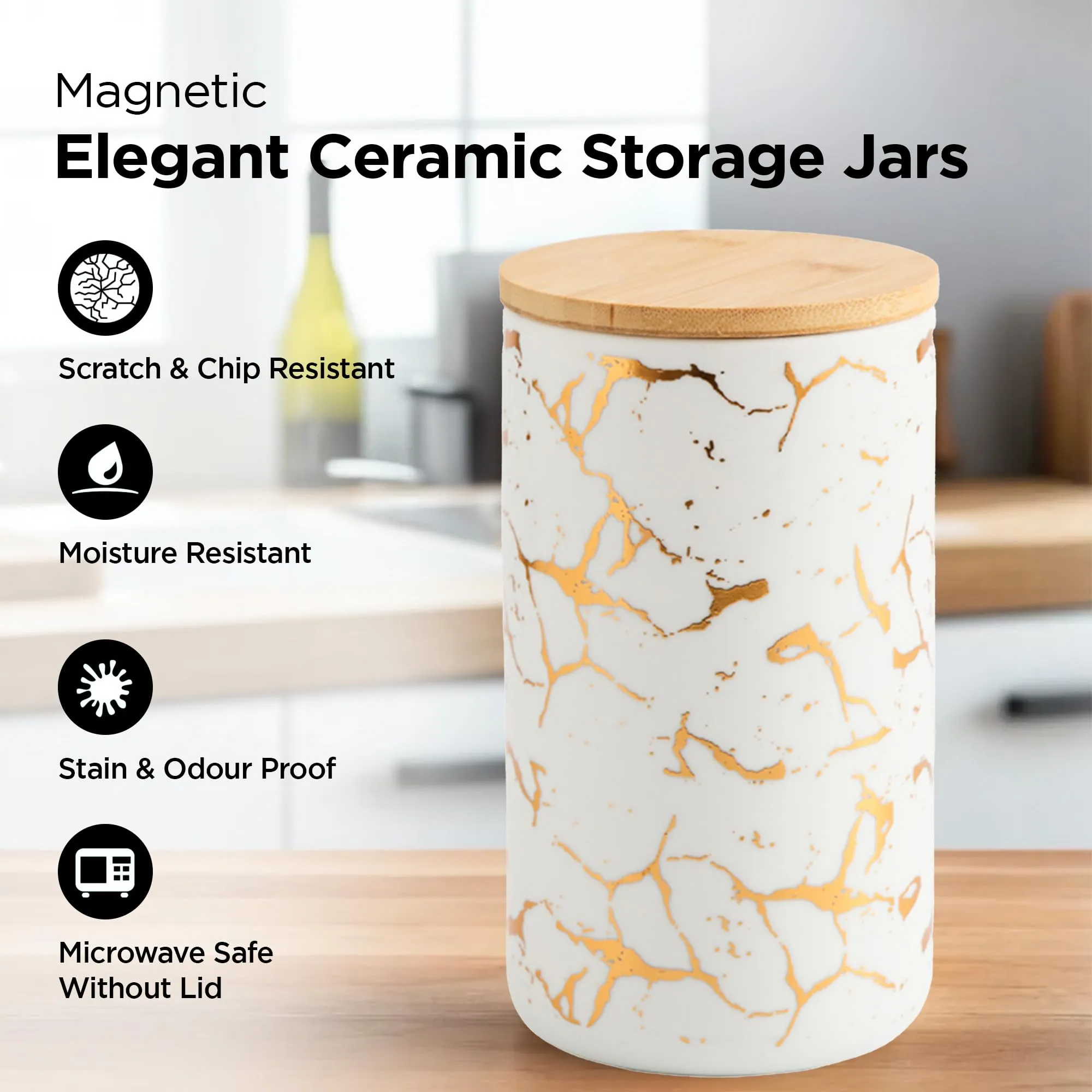 UMAI 1000ml Ceramic Jar for Kitchen Storage | Air Tight Container Set with Bamboo Lid | Kitchen Container for Snacks, Tea, Sugar | Multipurpose Organizer | White with print (Set of 1)