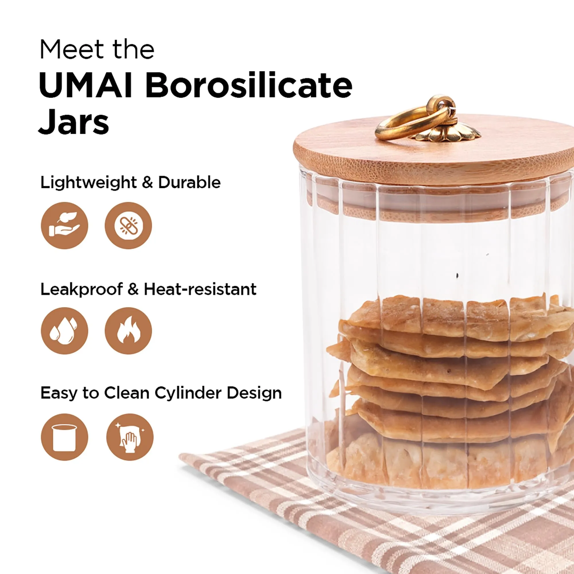UMAI Borosilicate Glass Jar with Bamboo Lid & Spoon | Kitchen Organizer Items and Storage | Multi-utility, Leakproof, Airtight Storage Jar for Cookies, Snacks, Tea, Coffee, Sugar (530 ml)