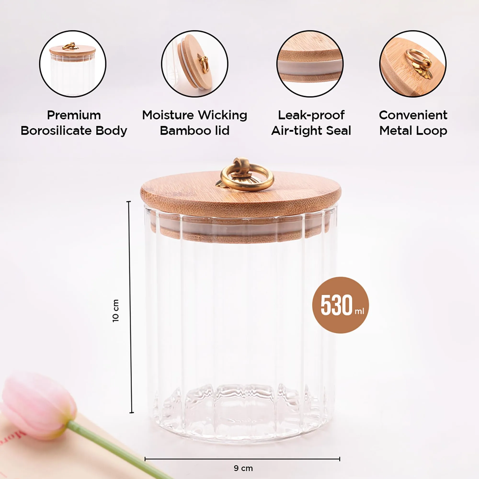 UMAI Borosilicate Glass Jar with Bamboo Lid & Spoon | Kitchen Organizer Items and Storage | Multi-utility, Leakproof, Airtight Storage Jar for Cookies, Snacks, Tea, Coffee, Sugar (530 ml)