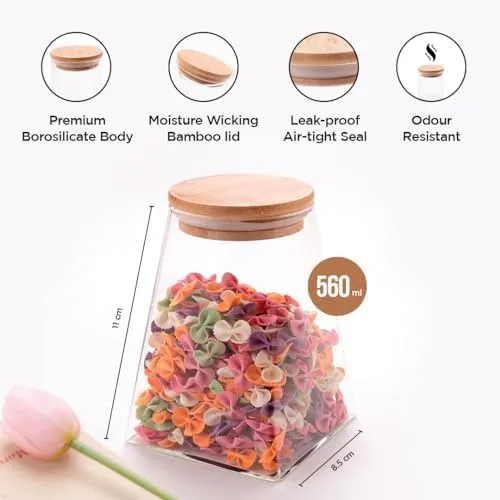 UMAI Borosilicate Glass Jar with Bamboo Lid | Kitchen Organizer Items and Storage | Multi-utility, Leakproof, Airtight Storage Jar for Cookies, Snacks, Tea, Coffee, Sugar | 560 ml (Pack of 3)