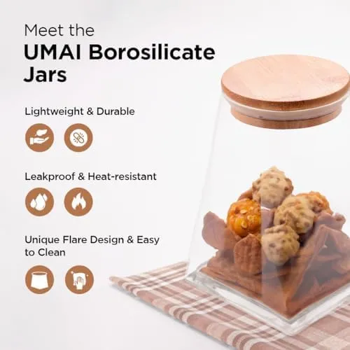 UMAI Borosilicate Glass Jar with Bamboo Lid | Kitchen Organizer Items and Storage | Multi-utility, Leakproof, Airtight Storage Jar for Cookies, Snacks, Tea, Coffee, Sugar | 560 ml (Pack of 3)
