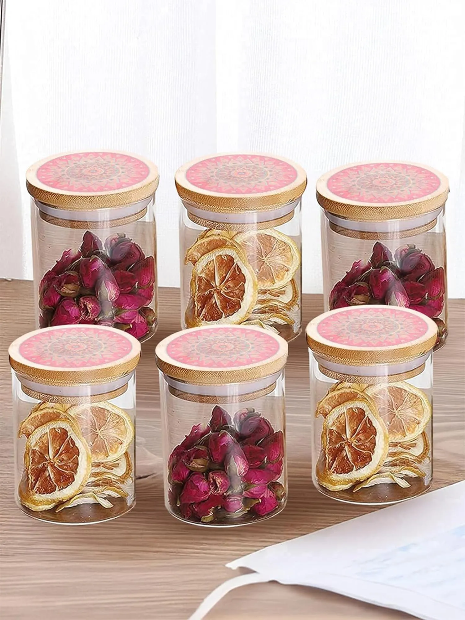 UMAI Borosilicate Glass Jar with Printed Bamboo Lid|Kitchen Organizer Items and Storage|Multi-utility, Leakproof, Airtight Storage Jar for Cookies,Snacks,Tea,Coffee,Sugar|Pack of 6(300ml)
