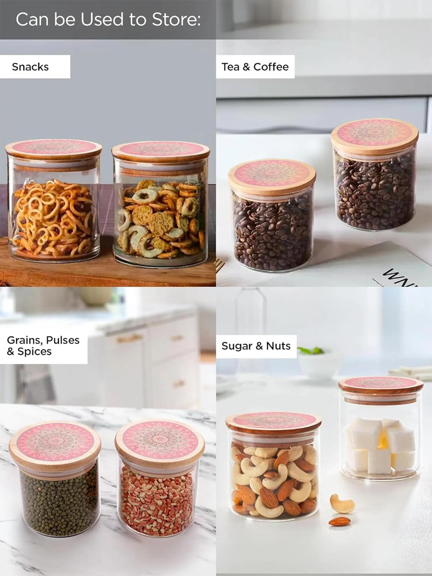 UMAI Borosilicate Glass Jar with Printed Bamboo Lid|Kitchen Organizer Items and Storage|Multi-utility, Leakproof, Airtight Storage Jar for Cookies,Snacks,Tea,Coffee,Sugar|Pack of 6(300ml)