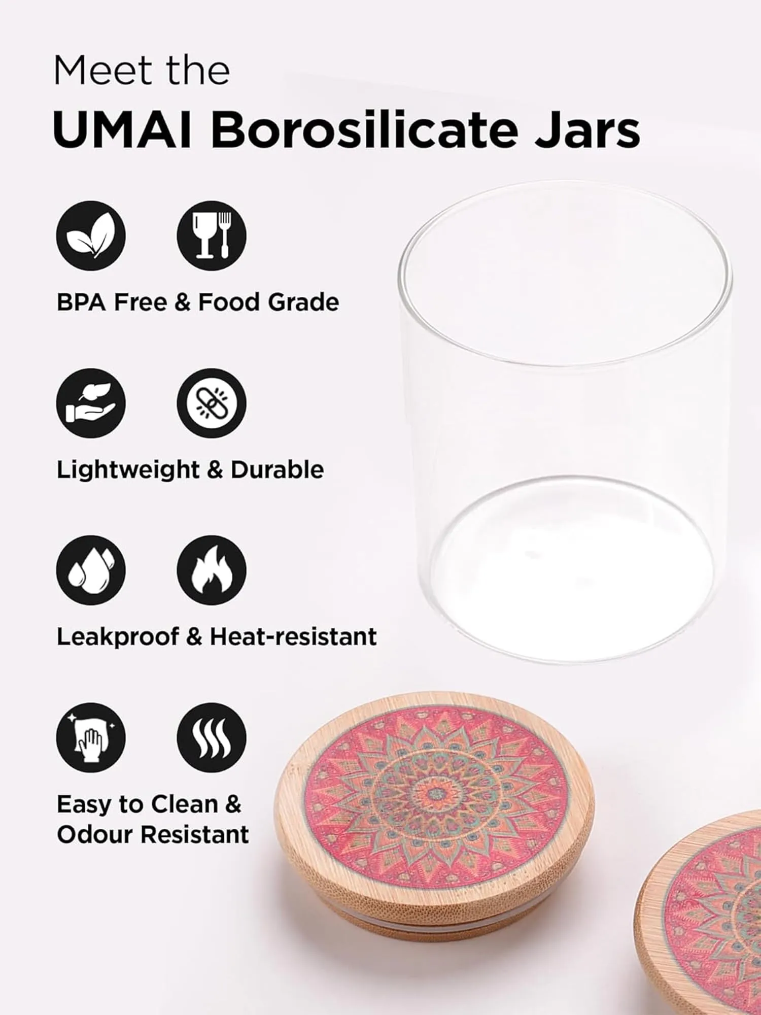UMAI Borosilicate Glass Jar with Printed Bamboo Lid|Kitchen Organizer Items and Storage|Multi-utility, Leakproof, Airtight Storage Jar for Cookies,Snacks,Tea,Coffee,Sugar|Pack of 6(300ml)