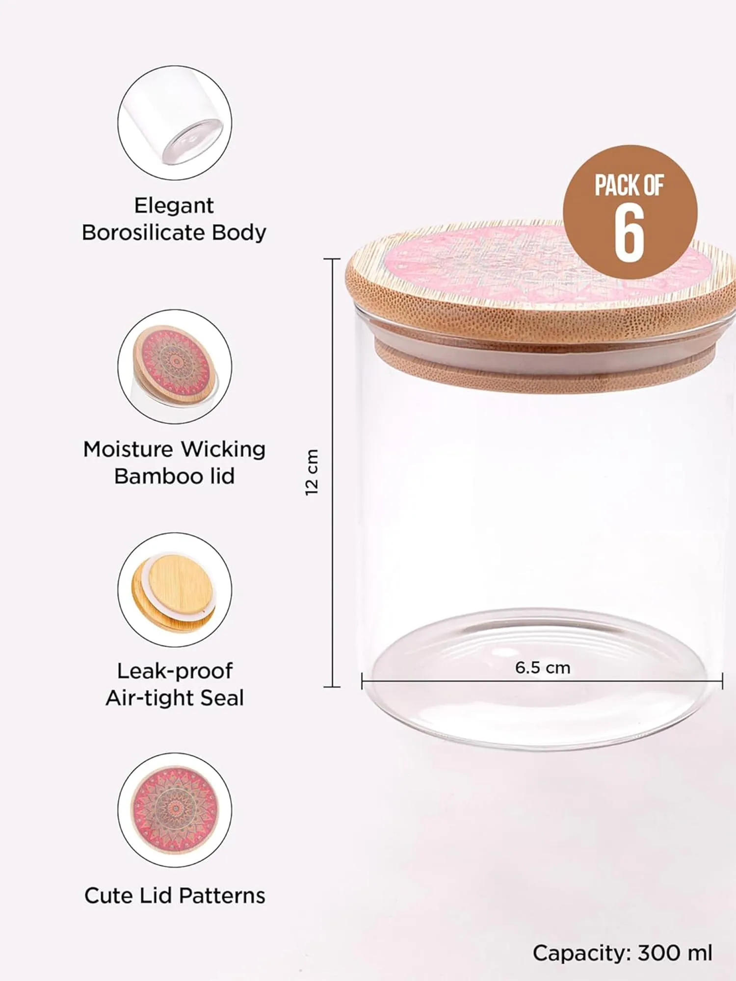 UMAI Borosilicate Glass Jar with Printed Bamboo Lid|Kitchen Organizer Items and Storage|Multi-utility, Leakproof, Airtight Storage Jar for Cookies,Snacks,Tea,Coffee,Sugar|Pack of 6(300ml)
