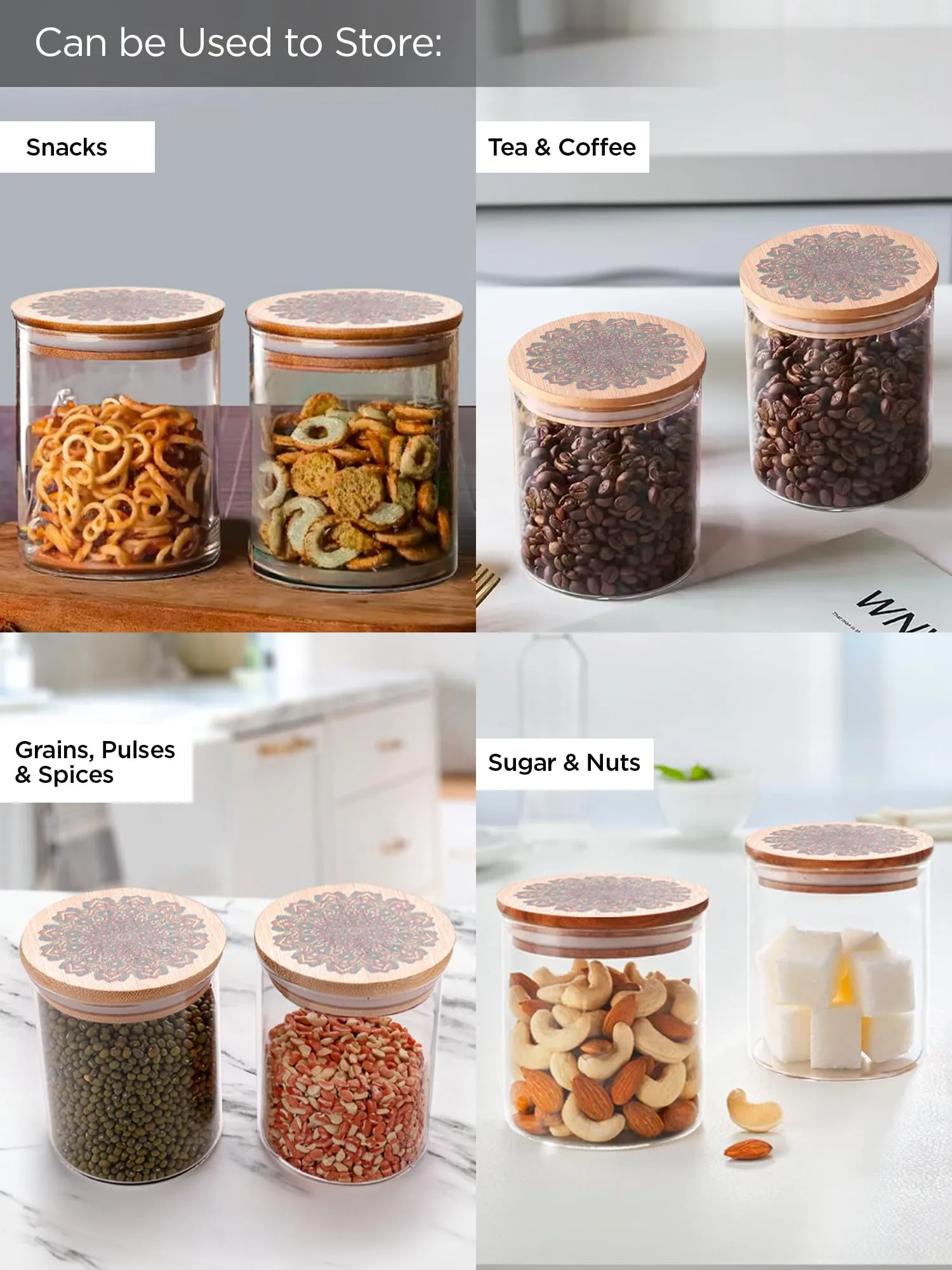 UMAI Borosilicate Glass Jar with Printed Bamboo Lid|Kitchen Organizer Items and Storage|Multi-utility,Leakproof, Airtight Storage Jar for Cookies,Snacks,Tea,Coffee,Sugar|Pack of 4(1000ml) (Green)