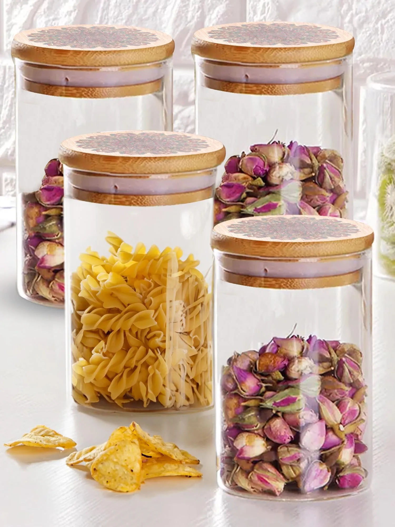 UMAI Borosilicate Glass Jar with Printed Bamboo Lid|Kitchen Organizer Items and Storage|Multi-utility,Leakproof, Airtight Storage Jar for Cookies,Snacks,Tea,Coffee,Sugar|Pack of 4(1000ml) (Green)