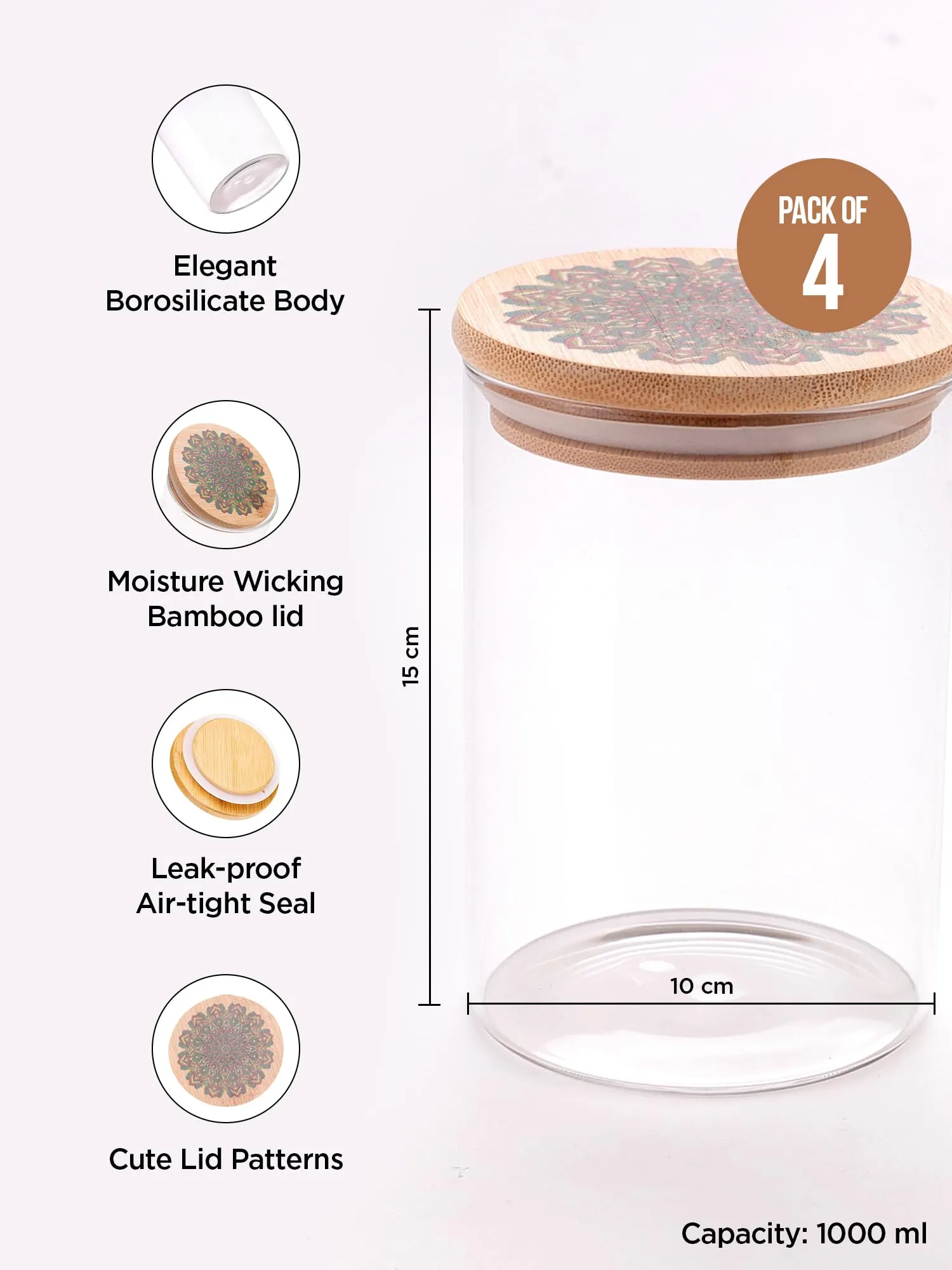UMAI Borosilicate Glass Jar with Printed Bamboo Lid|Kitchen Organizer Items and Storage|Multi-utility,Leakproof, Airtight Storage Jar for Cookies,Snacks,Tea,Coffee,Sugar|Pack of 4(1000ml) (Green)