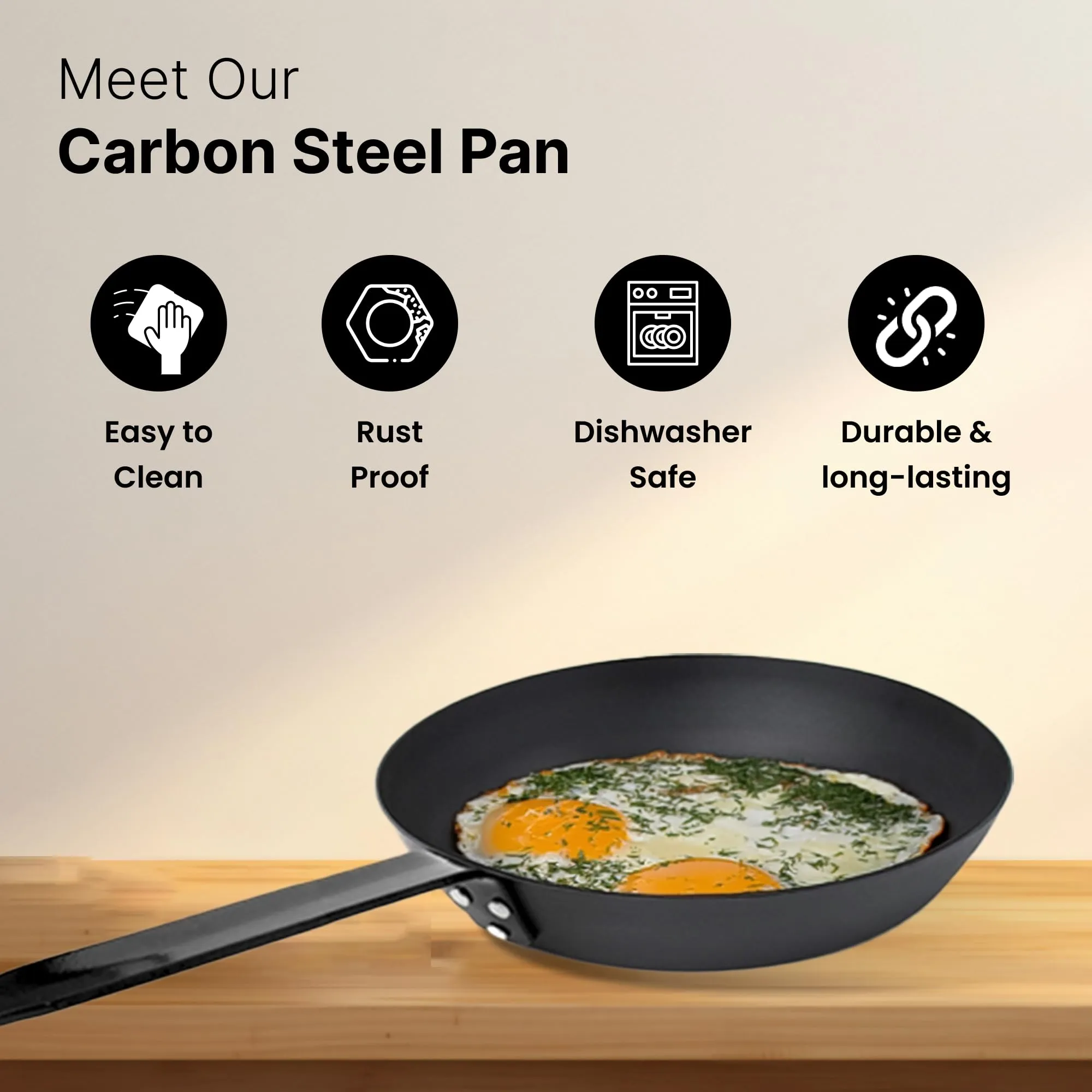 UMAI Carbon Steel Pan (24cm) | Pre-Seasoned Frying Pan Non Stick | Gas & Induction Cookware | Omelette Pan | Fish Fry Pan | Frypan Non Stick | Pan for Cooking (Black)