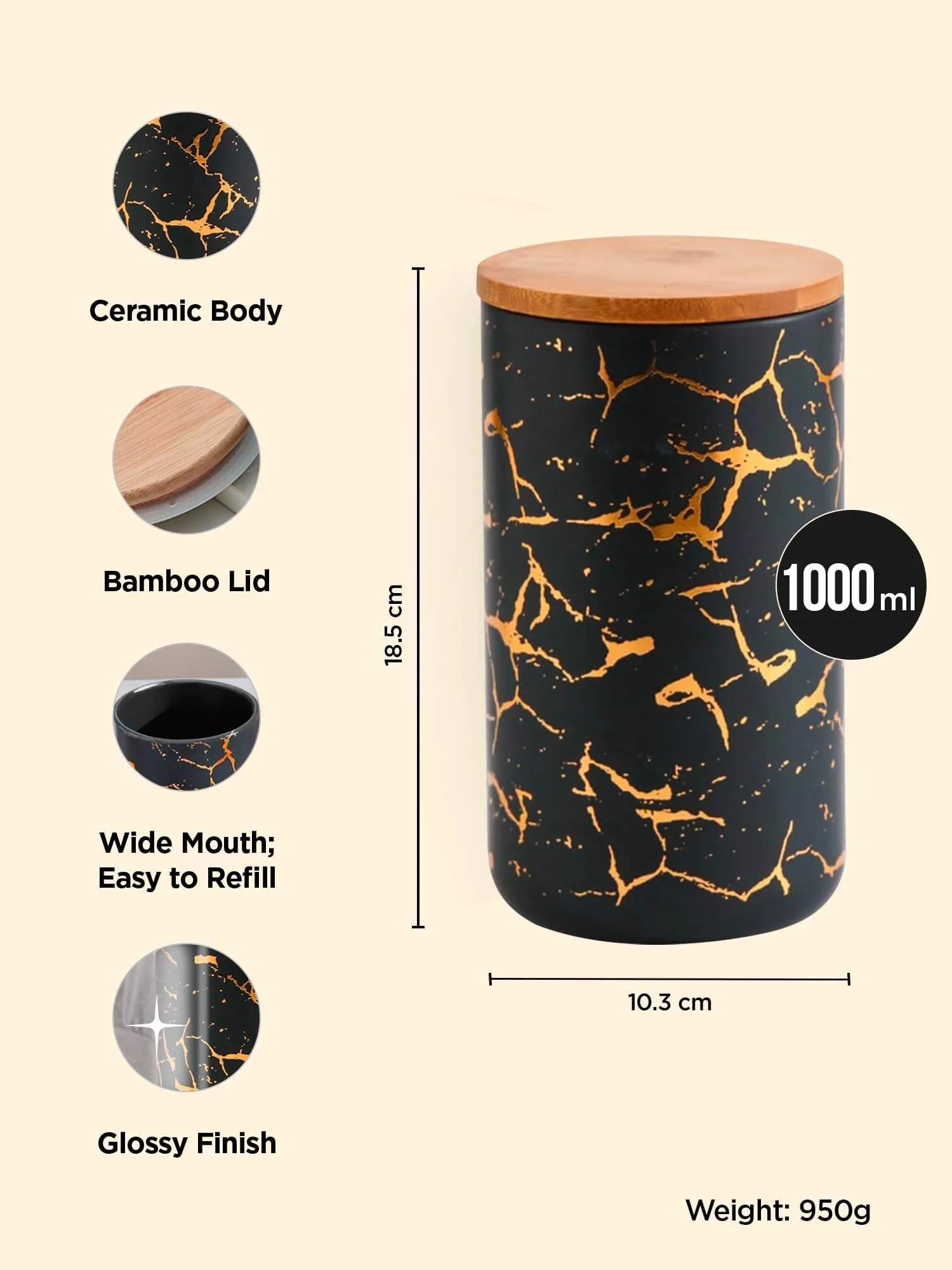 UMAI Ceramic Jar with Bamboo Lid 1000ml | Air Tight Containers for Kitchen Storage | Multipurpose-Tea,Coffee,Snacks,Sugar,Salt,Dry Fruit,Pulses | Kitchen Organizer Items & Storage | Black (Pack of 2)
