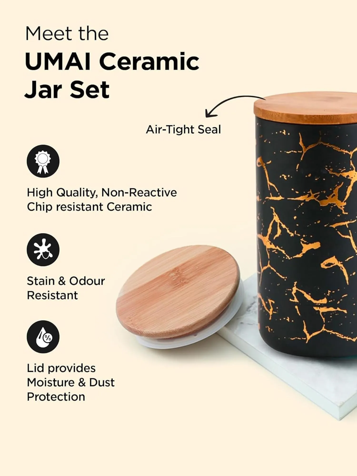 UMAI Ceramic Jar with Bamboo Lid 1000ml | Air Tight Containers for Kitchen Storage | Multipurpose-Tea,Coffee,Snacks,Sugar,Salt,Dry Fruit,Pulses | Kitchen Organizer Items & Storage | Black (Pack of 2)