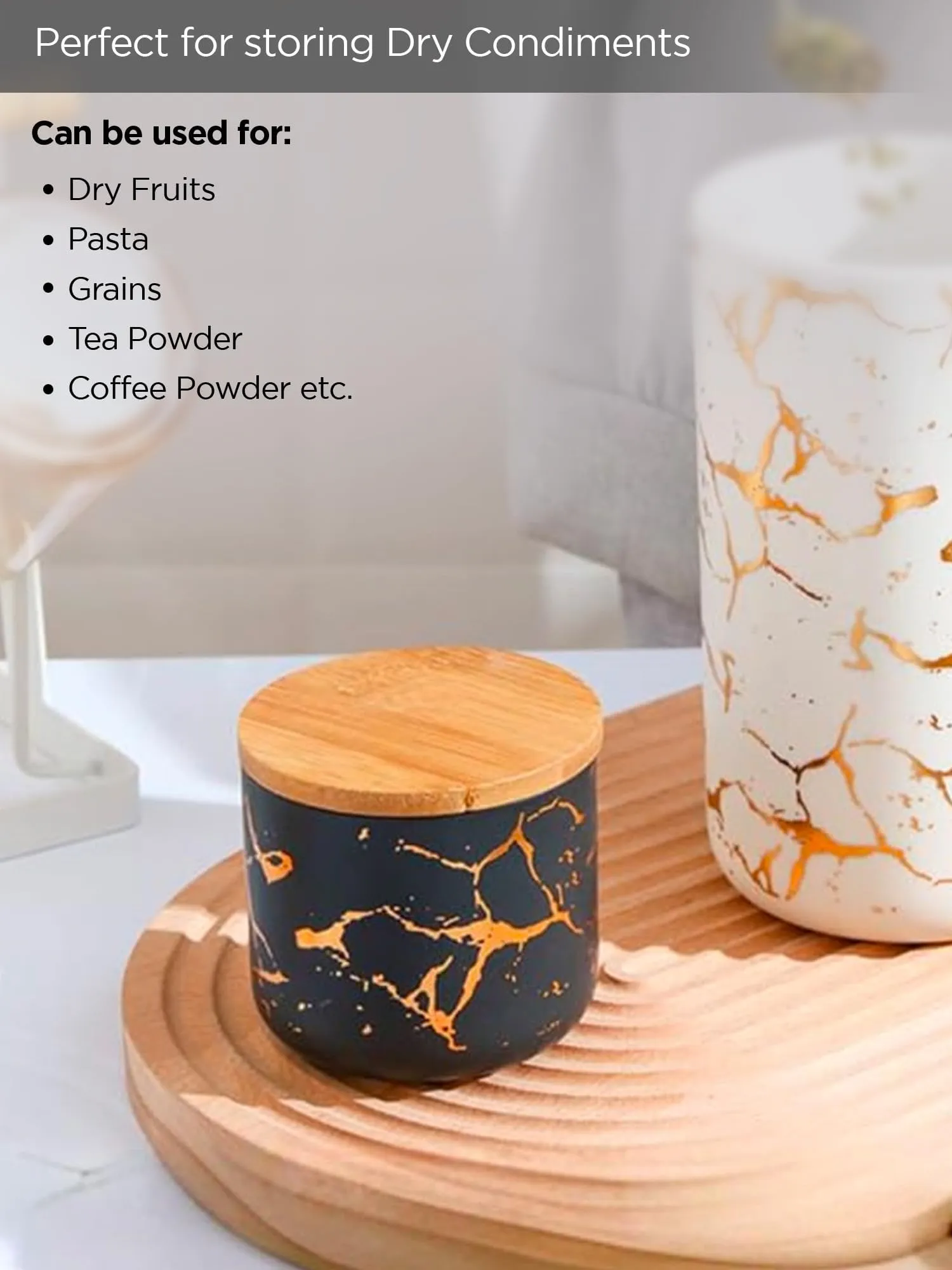 UMAI Ceramic Jar with Bamboo Lid 1000ml | Air Tight Containers for Kitchen Storage | Multipurpose-Tea,Coffee,Snacks,Sugar,Salt,Dry Fruit,Pulses | Kitchen Organizer Items & Storage | Black (Pack of 2)