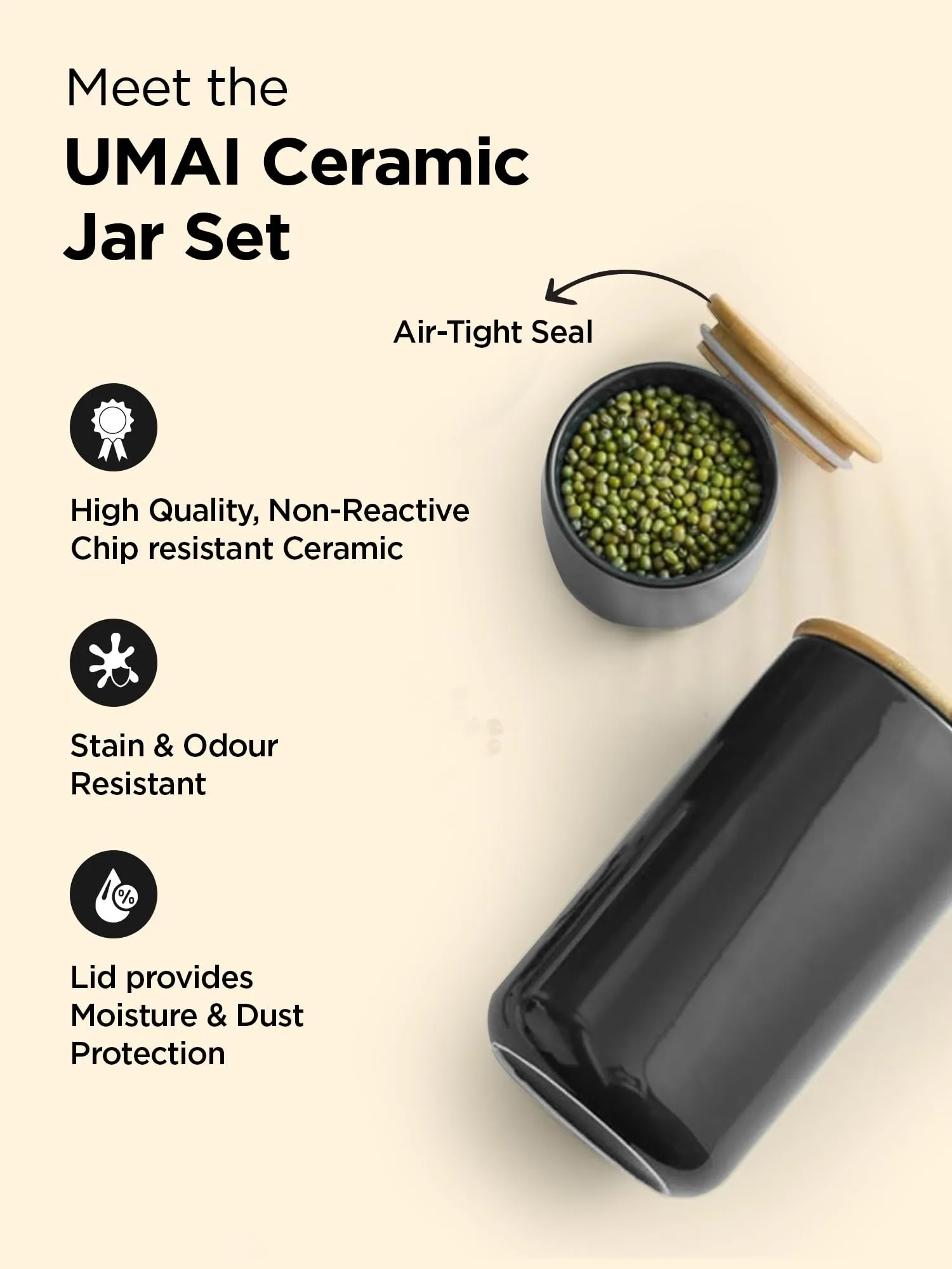 UMAI Ceramic Jar with Bamboo Lid 800ml | Air Tight Containers for Kitchen Storage | Multipurpose-Tea,Coffee,Snacks,Sugar,Salt,Dry Fruit,Pulses | Kitchen Organizer Items & Storage | Black (Pack of 2)