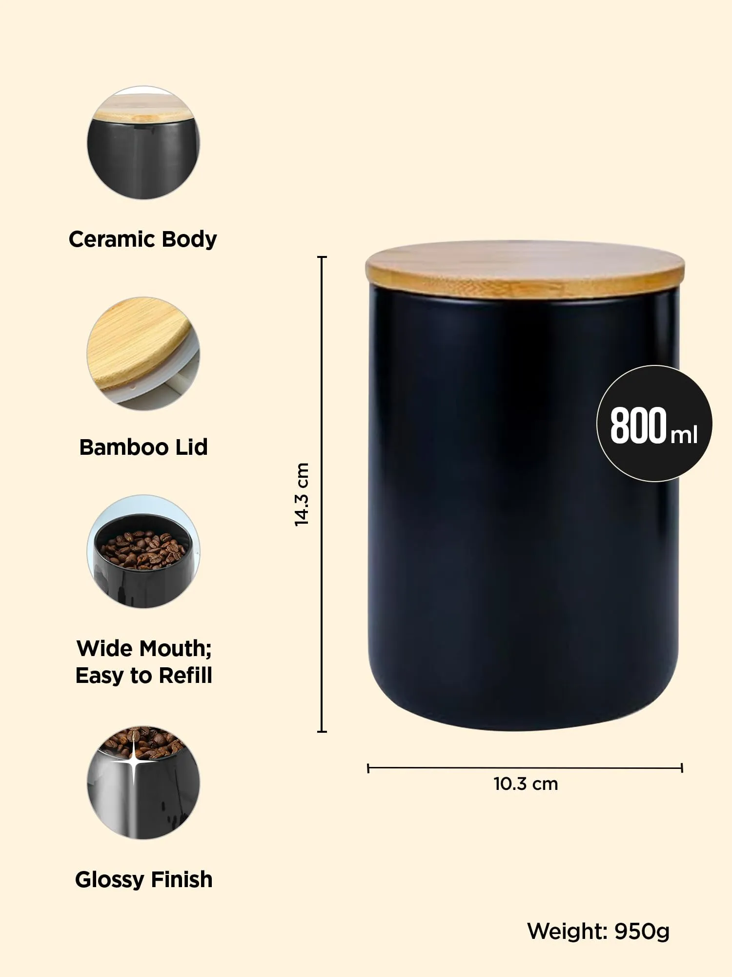 UMAI Ceramic Jar with Bamboo Lid 800ml | Air Tight Containers for Kitchen Storage | Multipurpose-Tea,Coffee,Snacks,Sugar,Salt,Dry Fruit,Pulses | Kitchen Organizer Items & Storage | Black (Pack of 2)