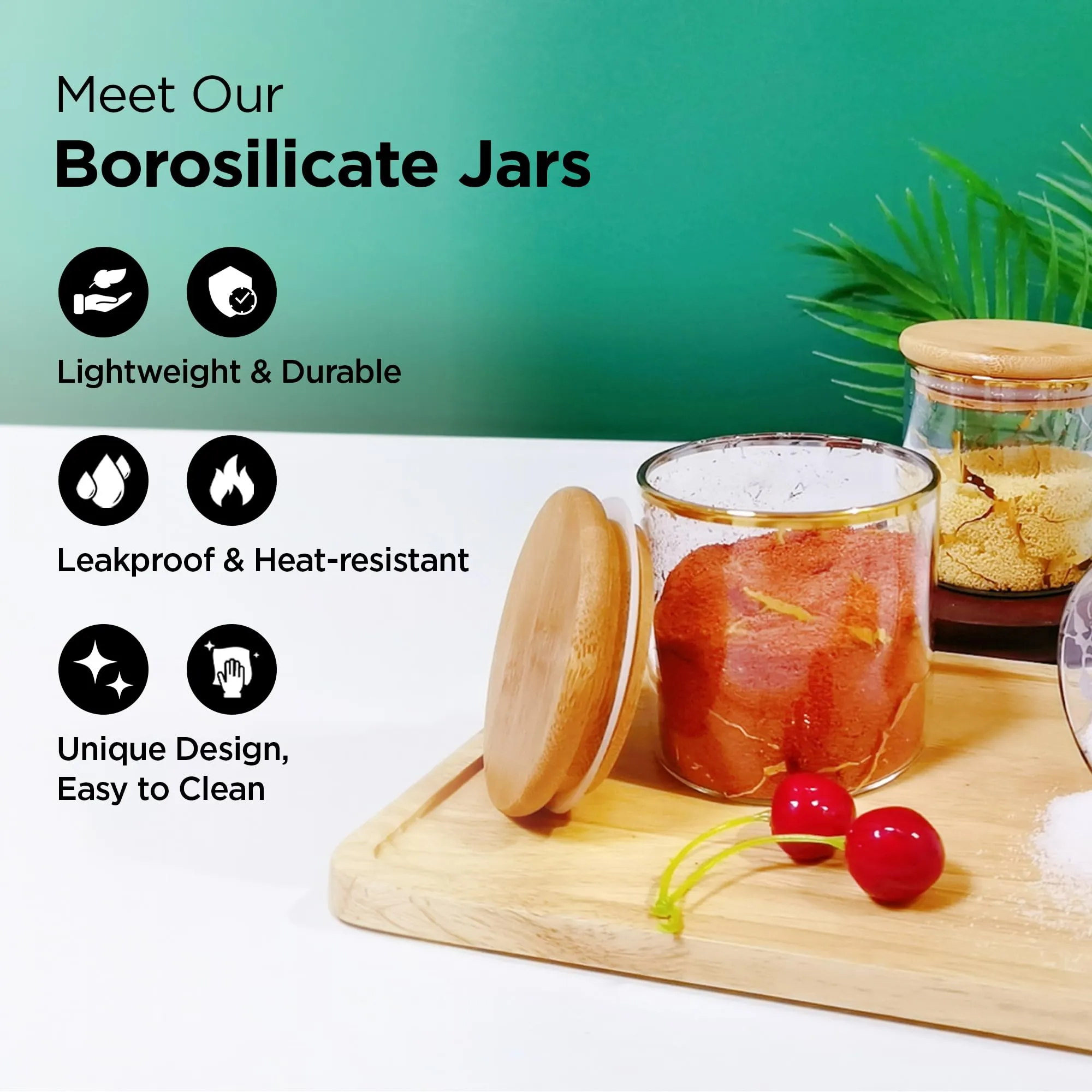 UMAI Pack of 7 Kitchen Organizer Borosilicate Jars with Bamboo Lid & Tray | 4 Pcs 350 ml & 3 Pcs 850 ml | Glass Jars for Cookies, Spices, Snacks, Tea, Coffee, Sugar | BPA Free | White