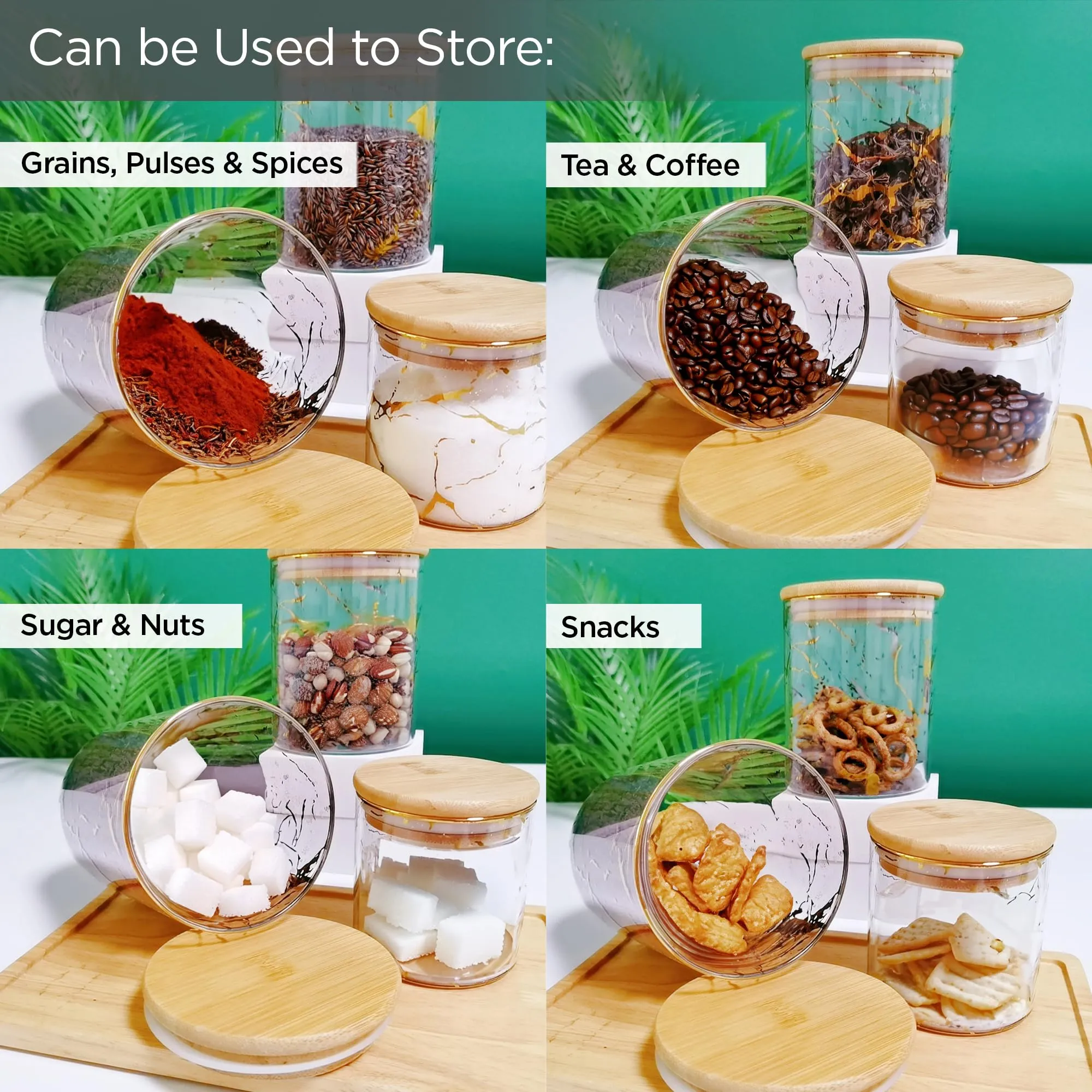 UMAI Pack of 7 Kitchen Organizer Borosilicate Jars with Bamboo Lid & Tray | 4 Pcs 350 ml & 3 Pcs 850 ml | Glass Jars for Cookies, Spices, Snacks, Tea, Coffee, Sugar | BPA Free | White