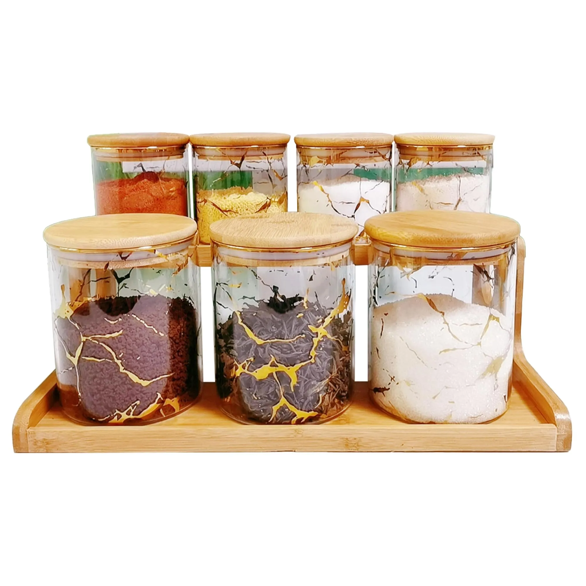 UMAI Pack of 7 Kitchen Organizer Borosilicate Jars with Bamboo Lid & Tray | 4 Pcs 350 ml & 3 Pcs 850 ml | Glass Jars for Cookies, Spices, Snacks, Tea, Coffee, Sugar | BPA Free | White
