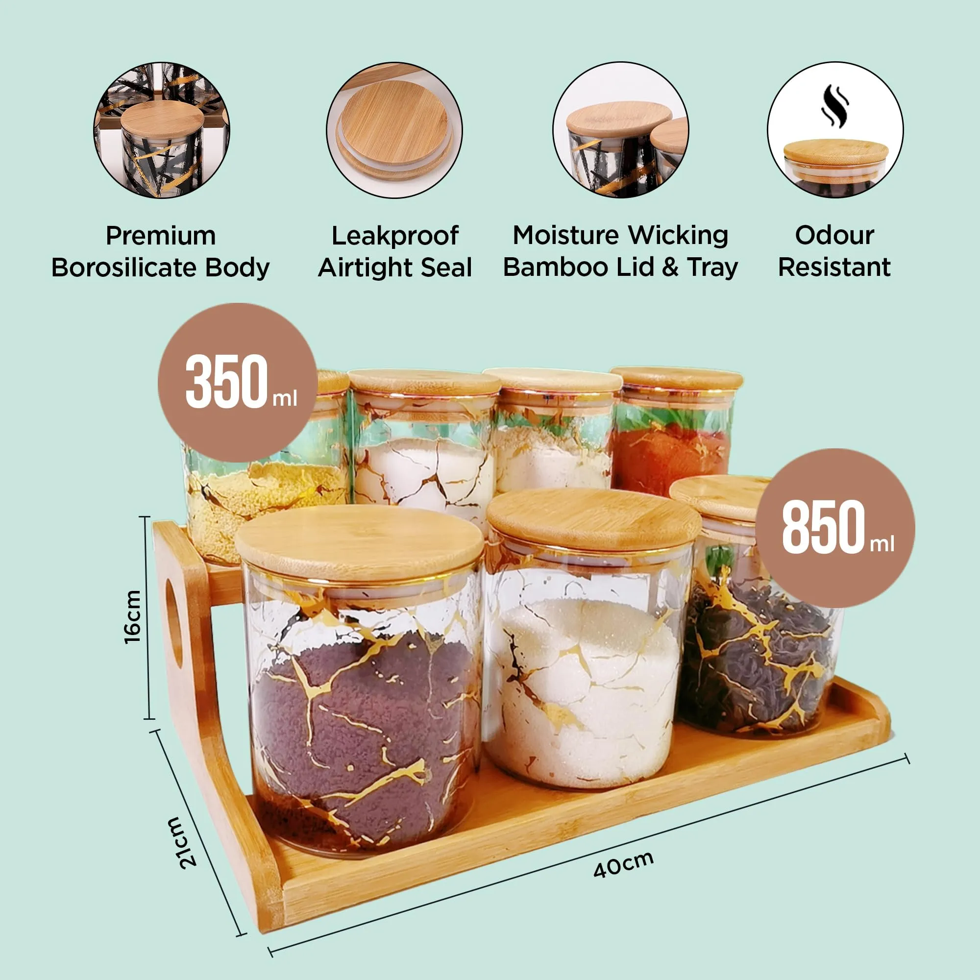 UMAI Pack of 7 Kitchen Organizer Borosilicate Jars with Bamboo Lid & Tray | 4 Pcs 350 ml & 3 Pcs 850 ml | Glass Jars for Cookies, Spices, Snacks, Tea, Coffee, Sugar | BPA Free | White