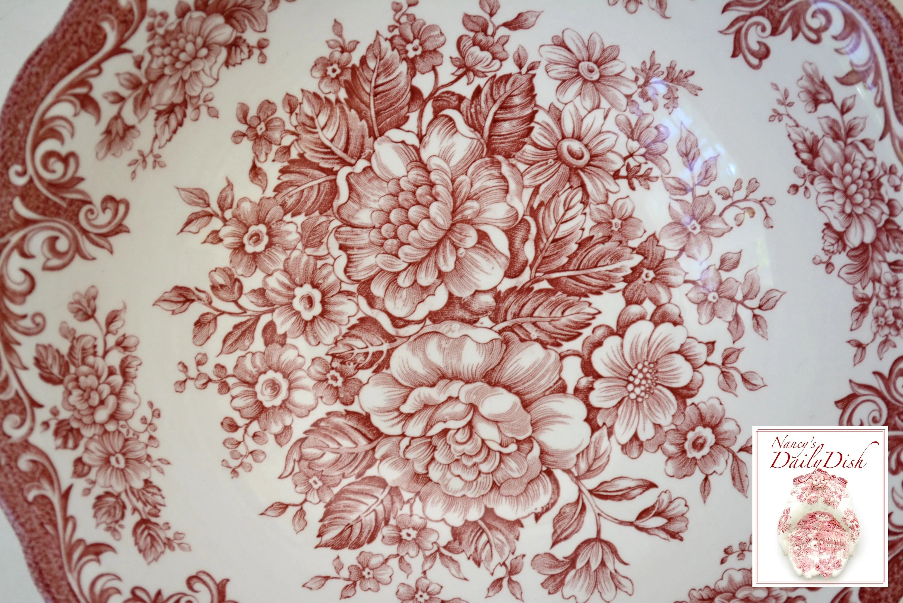Vintage English Red Toile Pink Transferware Cereal / Salad Bowl Cabbage Roses Daisies