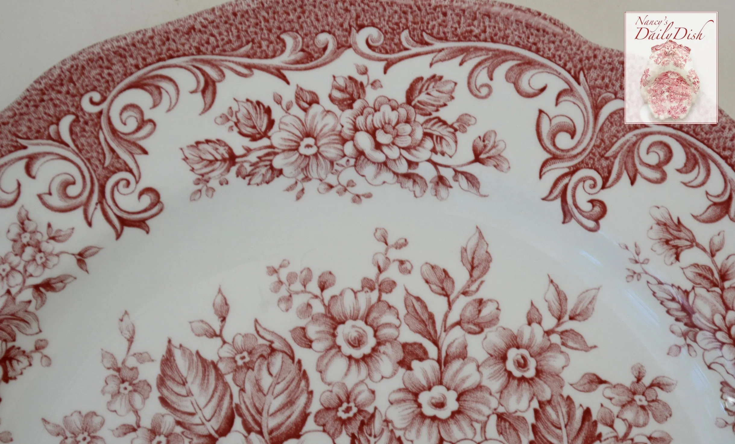 Vintage English Red Toile Pink Transferware Cereal / Salad Bowl Cabbage Roses Daisies