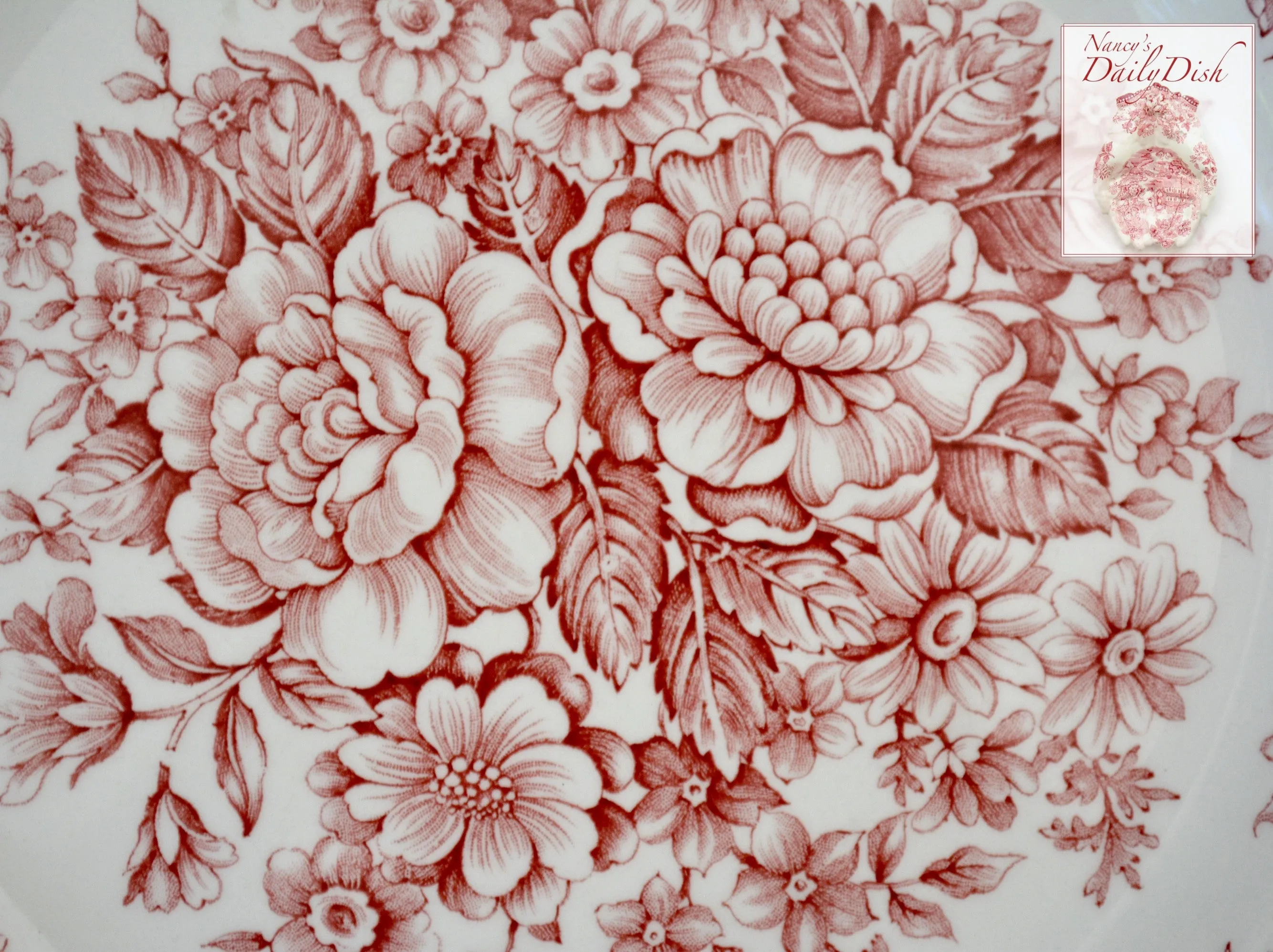 Vintage English Red Toile Pink Transferware Cereal / Salad Bowl Cabbage Roses Daisies