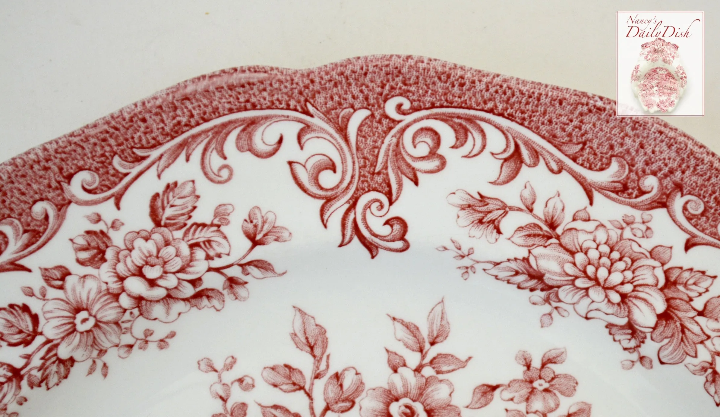 Vintage English Red Toile Pink Transferware Cereal / Salad Bowl Cabbage Roses Daisies